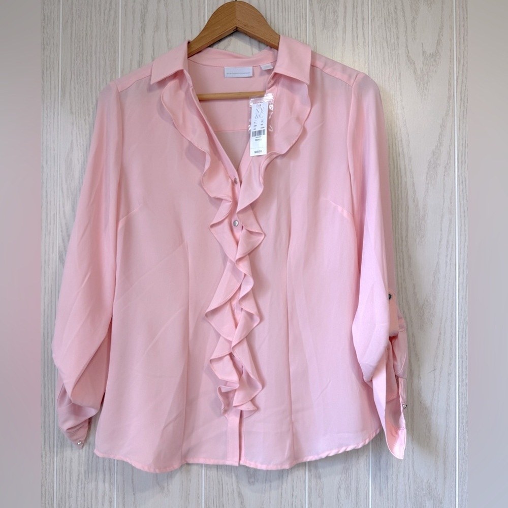 NY & Company Pink Ruffle Front Button Down Blouse Size S NWT